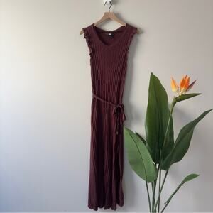 PAIGE Chocolate Wine Sleeveless knit Maxi Dress slit side waist tie bow L